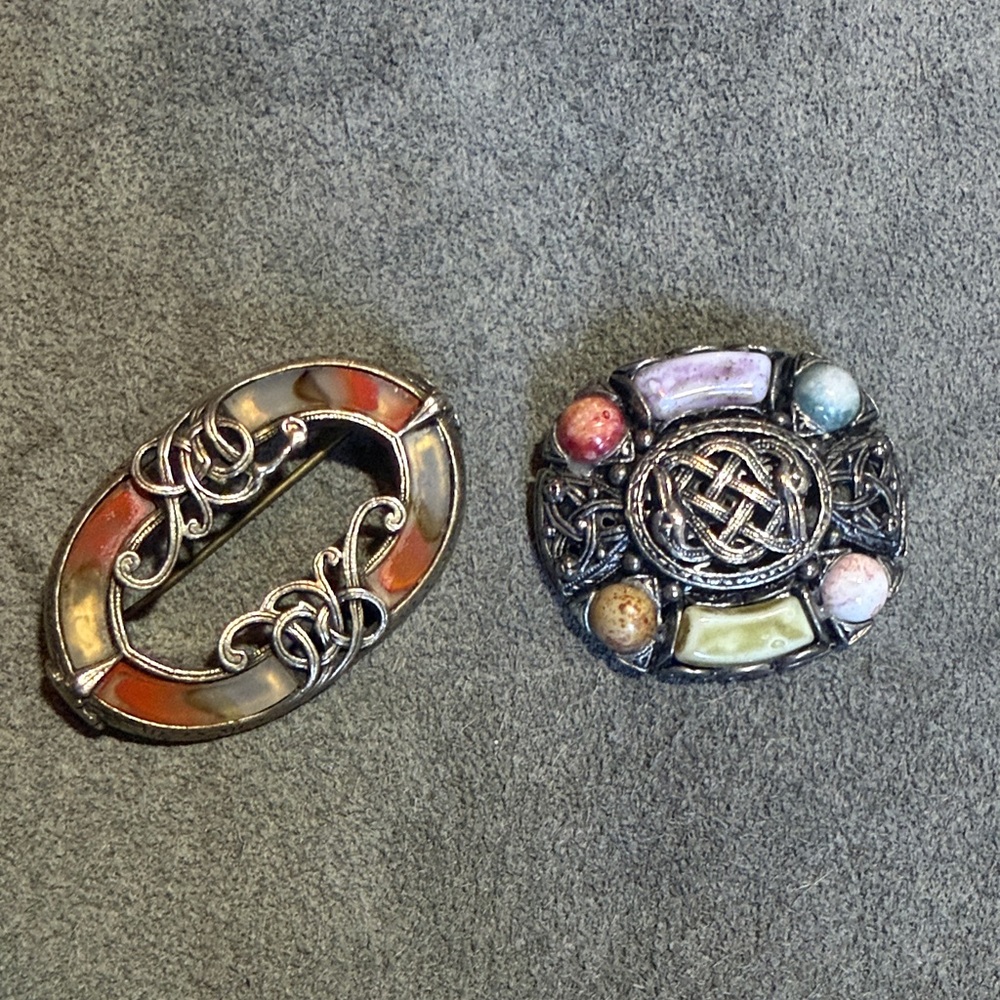 Scottish/Celtic-Inspired Silver Tone Brooches with Multicolor Inlay